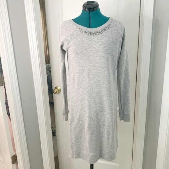 Dresses & Skirts - Paraphrase Knit Comfy Casual Jeweled Neckline Long Sleeve Sweatshirt Dress